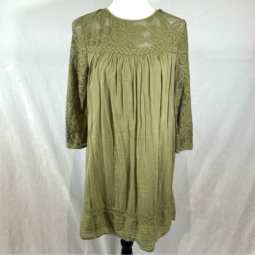 True Craft olive green 100% cotton peasant dress with lace size XS